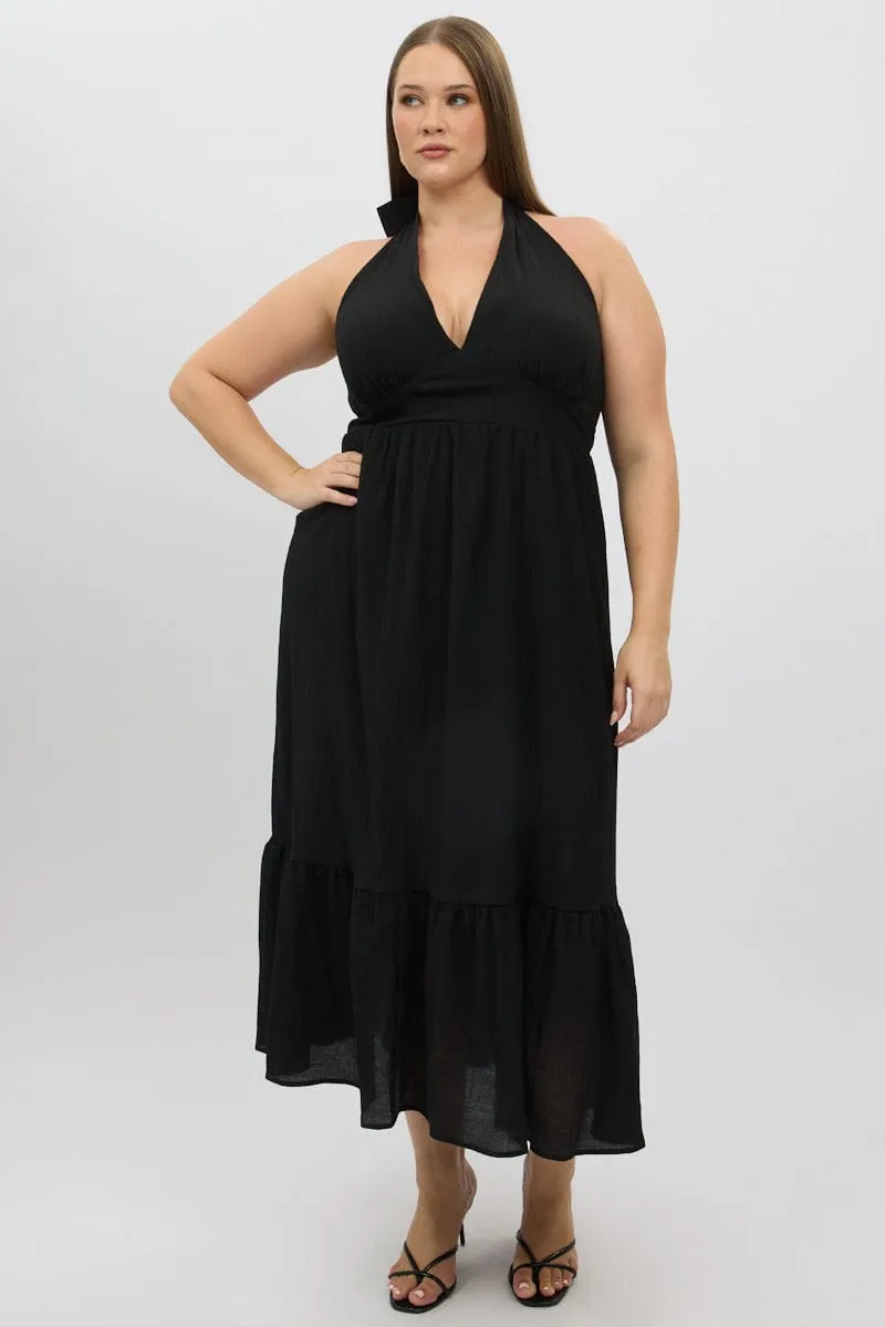 Moon Beam Snow Path Black Halter Neck Dress Sleeveless Textured