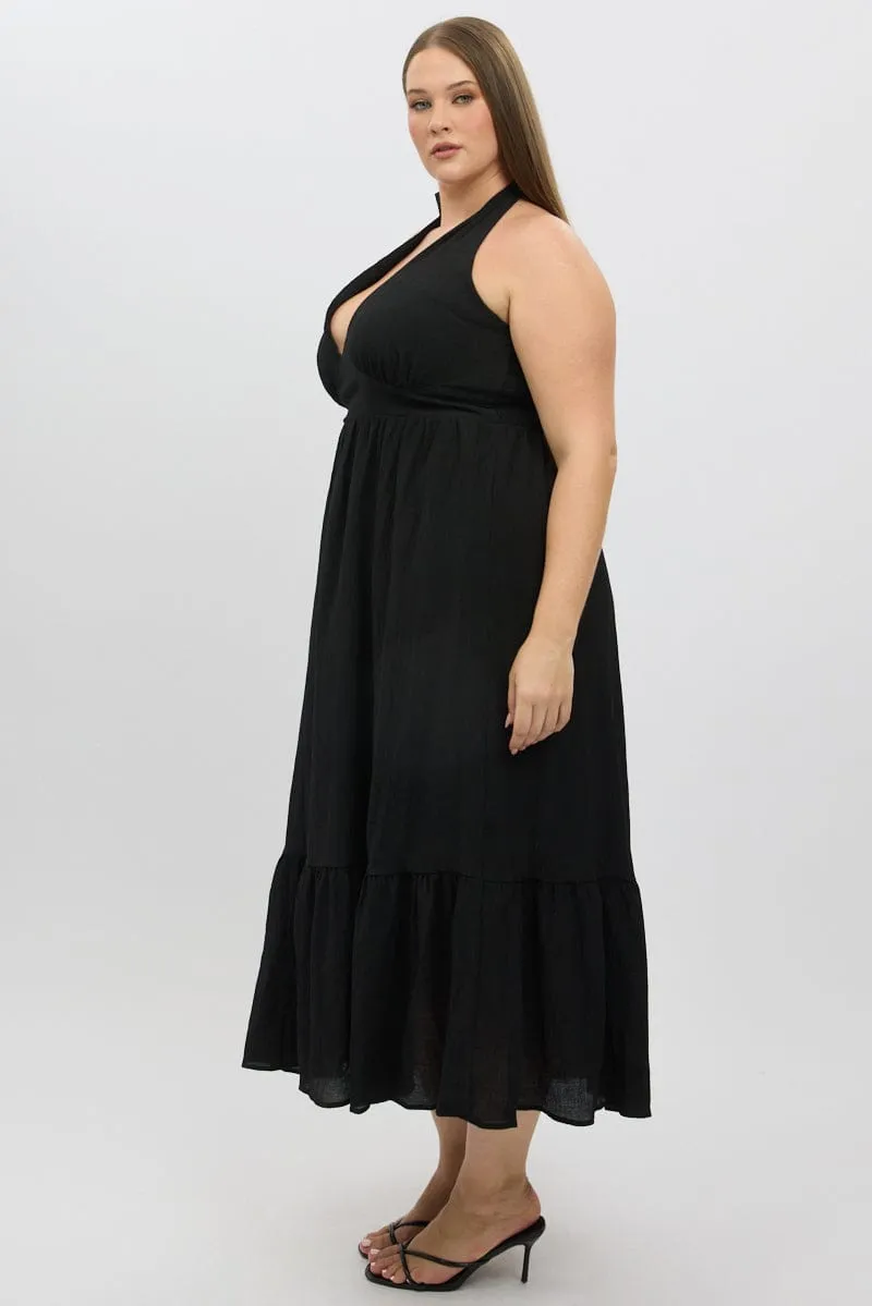 Black Halter Neck Dress Sleeveless Textured Classic Woman Wave Touch
