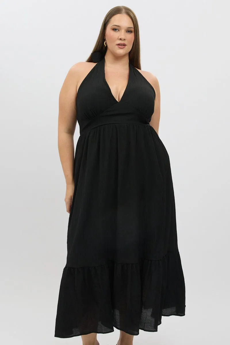Black Halter Neck Dress Sleeveless Textured Cotton Soft Comfortable Layers