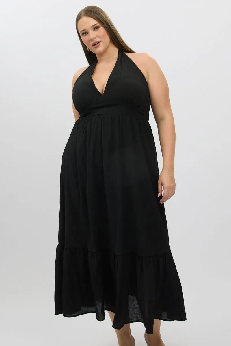 Metro Stop Wrinkle Resistant Black Halter Neck Dress Sleeveless Textured