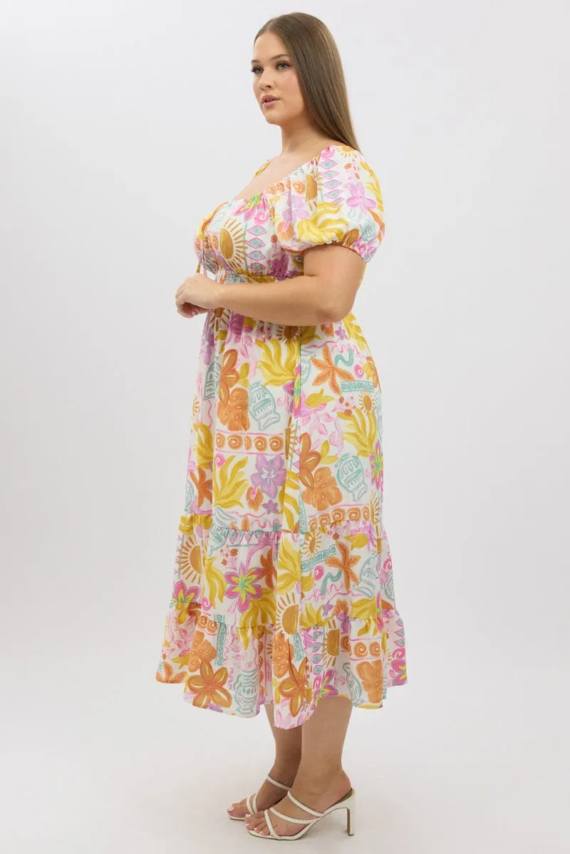 Multi Abstract Midi Dress Short Sleeve Tiered Bird Call