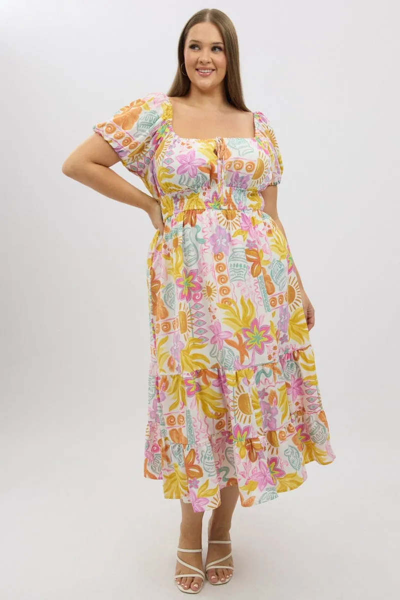 Work Smart Multi Abstract Midi Dress Short Sleeve Tiered