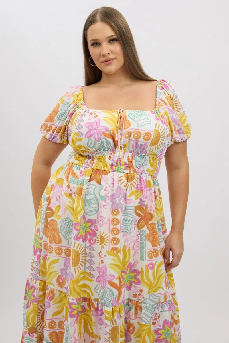 Casual Glam Graceful Aging Multi Abstract Midi Dress Short Sleeve Tiered