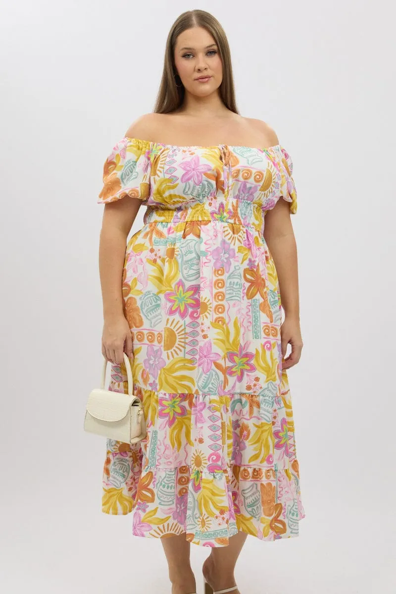 Drizzle Sky Multi Abstract Midi Dress Short Sleeve Tiered