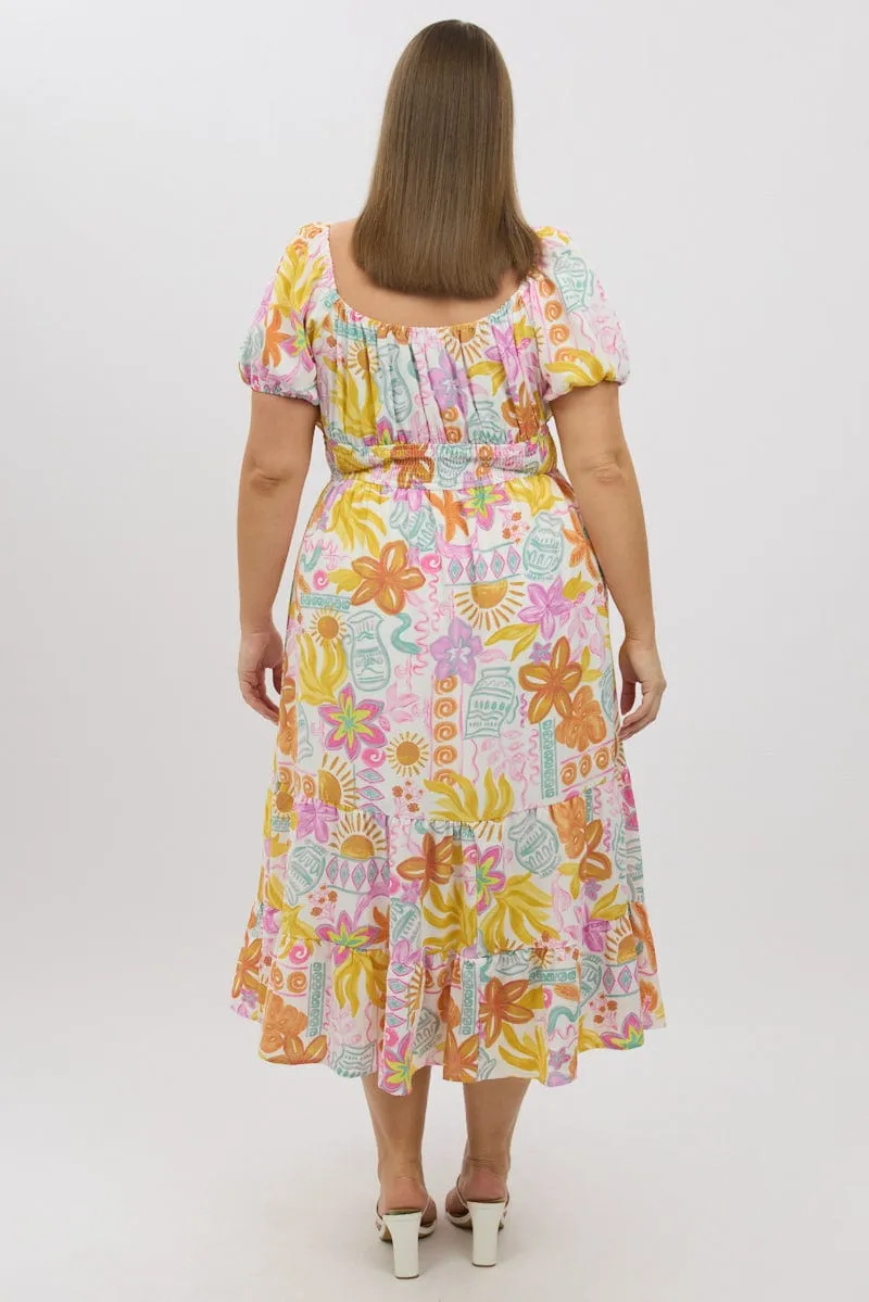 Multi Abstract Midi Dress Short Sleeve Tiered Quick Layer