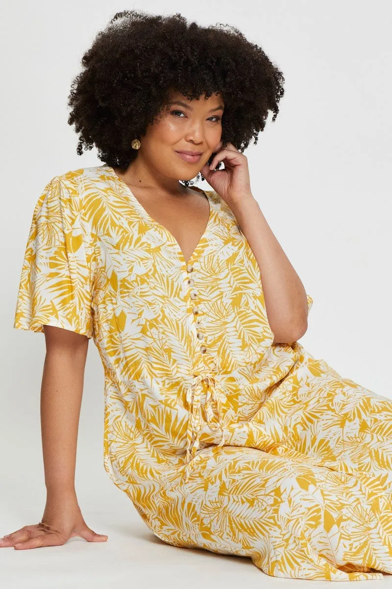 Film Night Shell Path Floral Print Midi Dress V-neck Short Sleeve