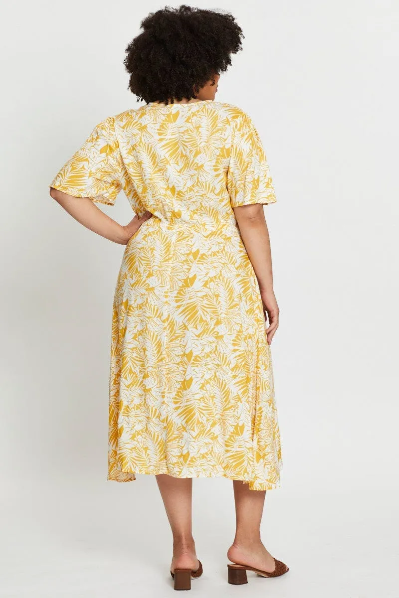 Charming Design Floral Print Midi Dress V-neck Short Sleeve