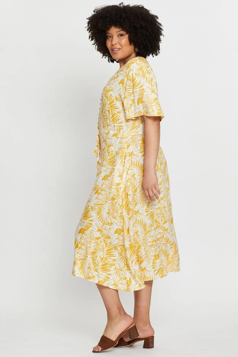 Season Flow Forest trail Floral Print Midi Dress V-neck Short Sleeve
