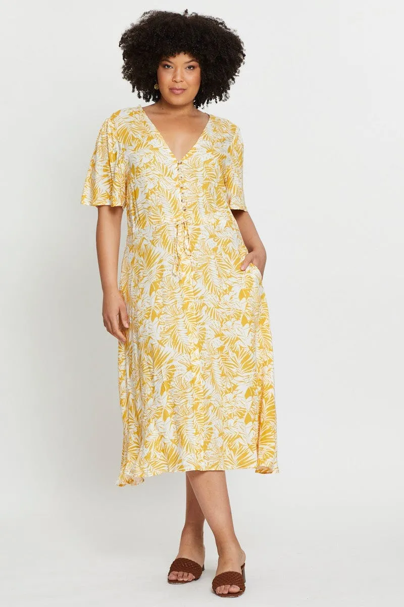 Floral Print Midi Dress V-neck Short Sleeve Style Versatile Coastal Granny
