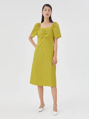 Smart Outfit Puff Sleeve Gathered Pleated Midi Dress