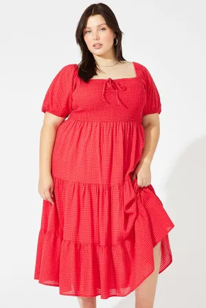Red Midi Dress Short Sleeve Shirred casual outing