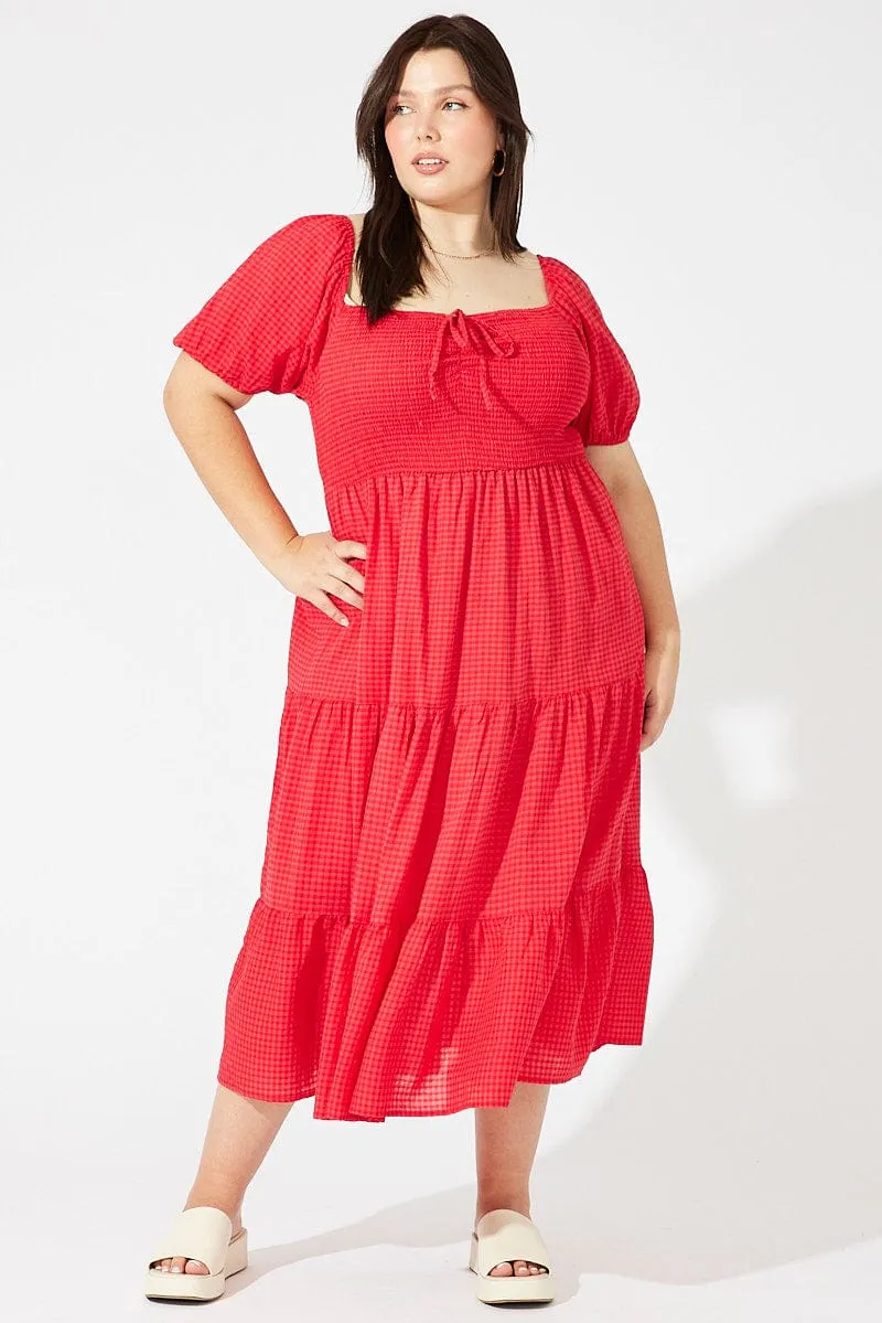 Modern Wear Feminine fit-and-flare style Red Midi Dress Short Sleeve Shirred