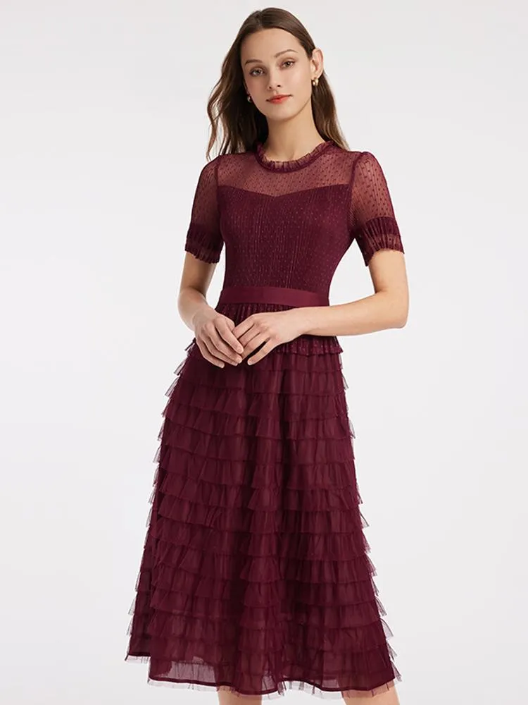 Charming Design Short Sleeve Tulle Tiered Maxi Dress