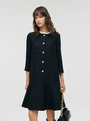 Tweed A-Line Ruffle Collared Women Midi Dress Rain Safe Flight Hall