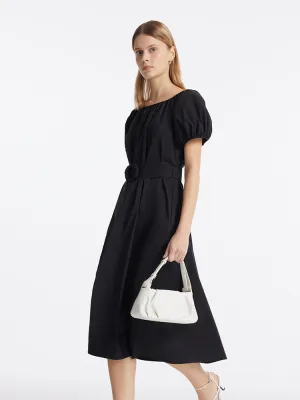 Smart Layer Puff Sleeves Women Midi Dress With Belt