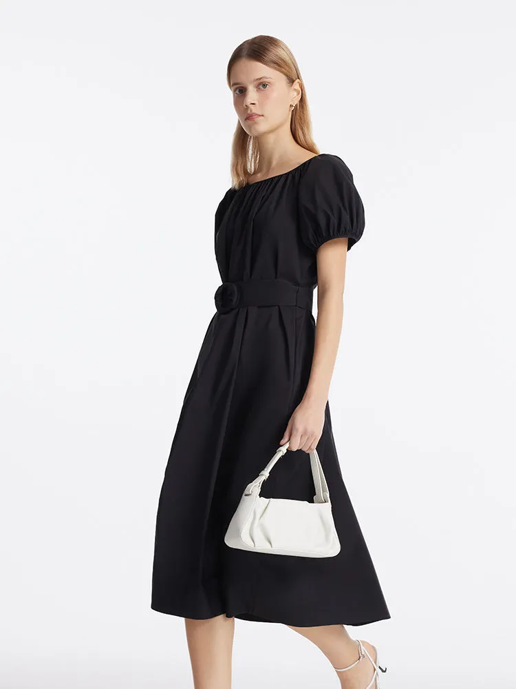 Puff Sleeves Women Midi Dress With Belt Sand Step