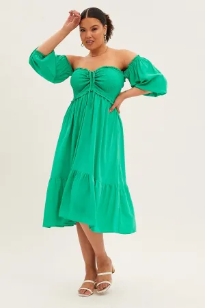 Green Midi Dress Off Shoulder Shirred Perfect Fit