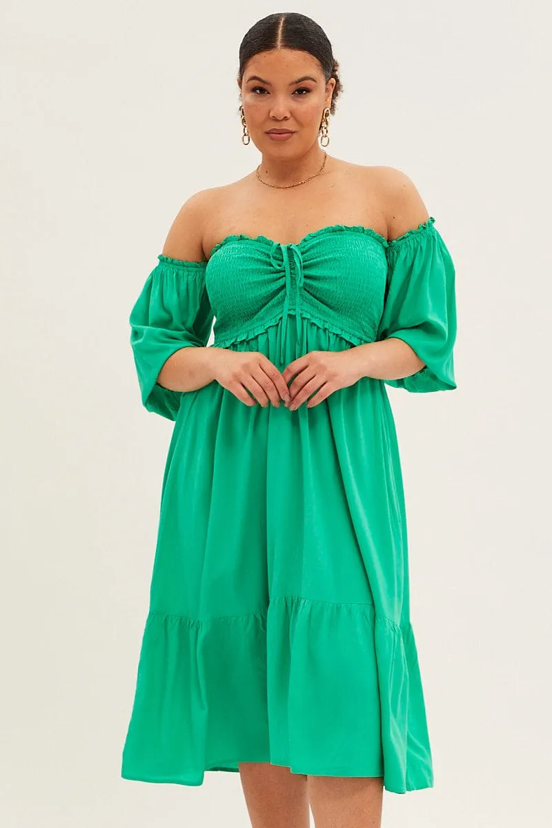 Green Midi Dress Off Shoulder Shirred European Charm Dreamy Feel