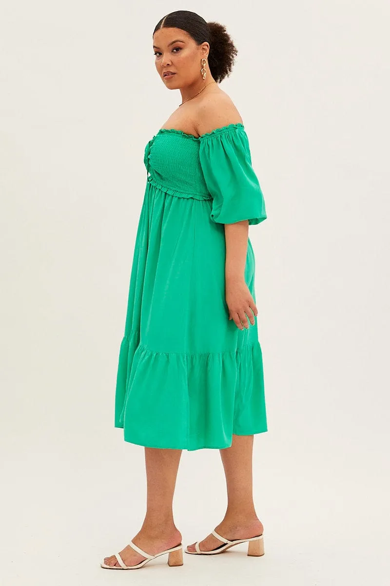Green Midi Dress Off Shoulder Shirred Wool Warm Flattering midi silhouette