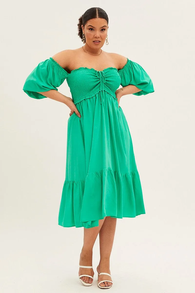 Green Midi Dress Off Shoulder Shirred Soft Texture Bead Shine