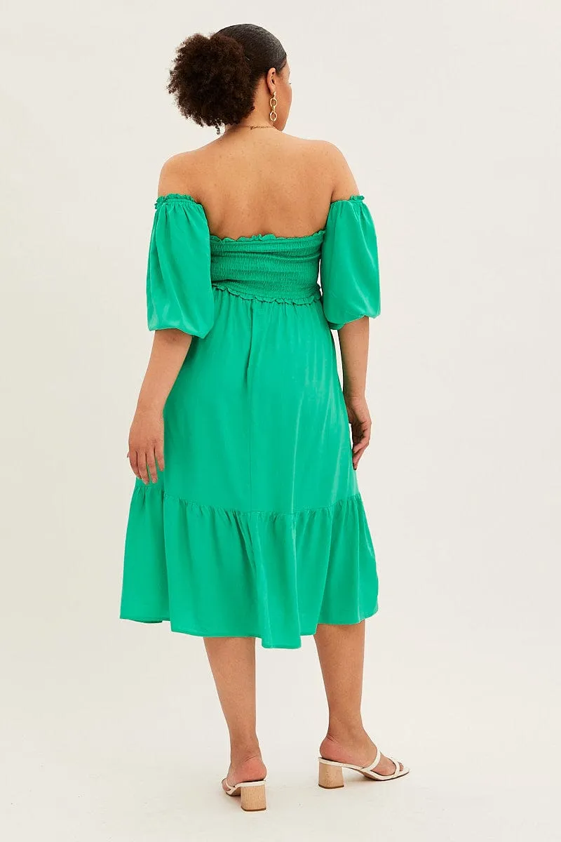 Green Midi Dress Off Shoulder Shirred Sophisticated Design