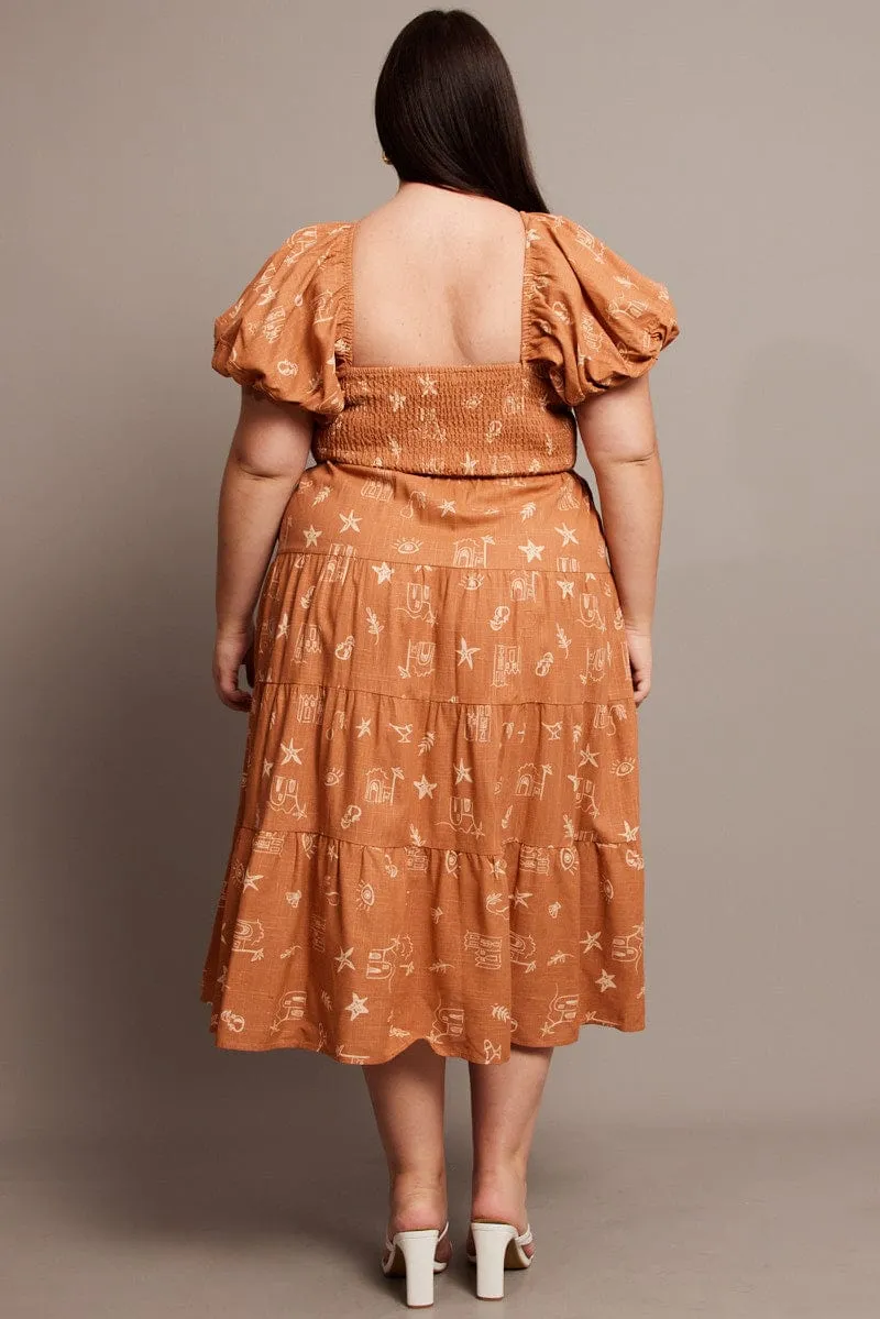 Young Professional Brown Abstract Midi Dress Short Sleeve Shirred