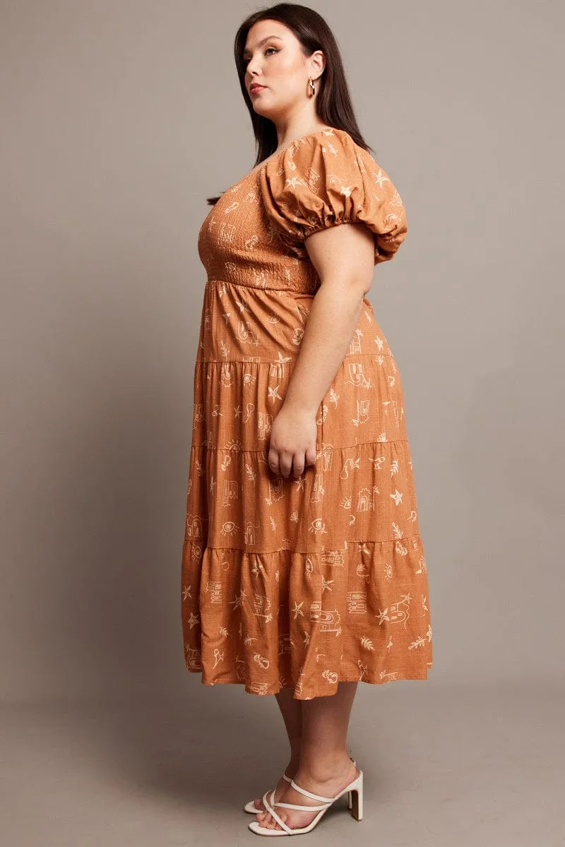 Brown Abstract Midi Dress Short Sleeve Shirred Dance Floor
