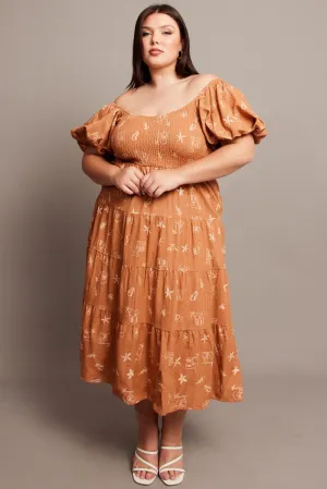 Classy Look Rose Garden Brown Abstract Midi Dress Short Sleeve Shirred