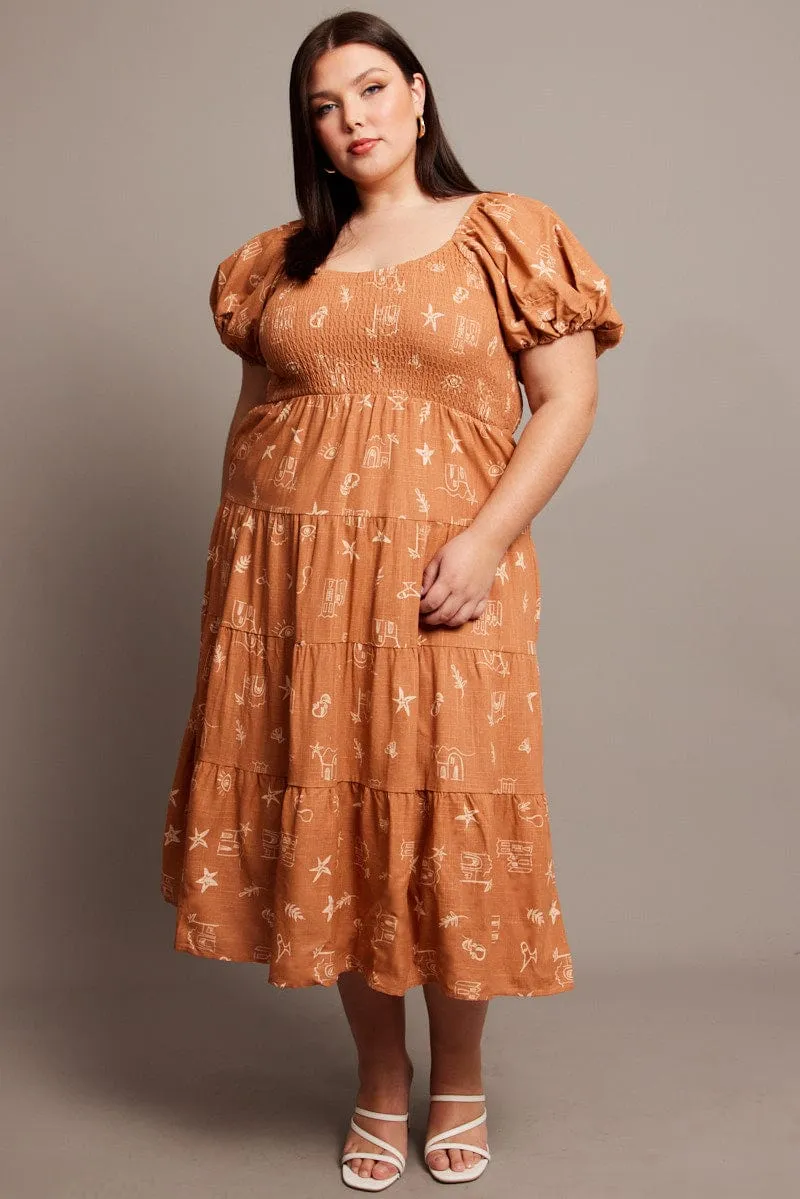Casual weekend midi Brown Abstract Midi Dress Short Sleeve Shirred