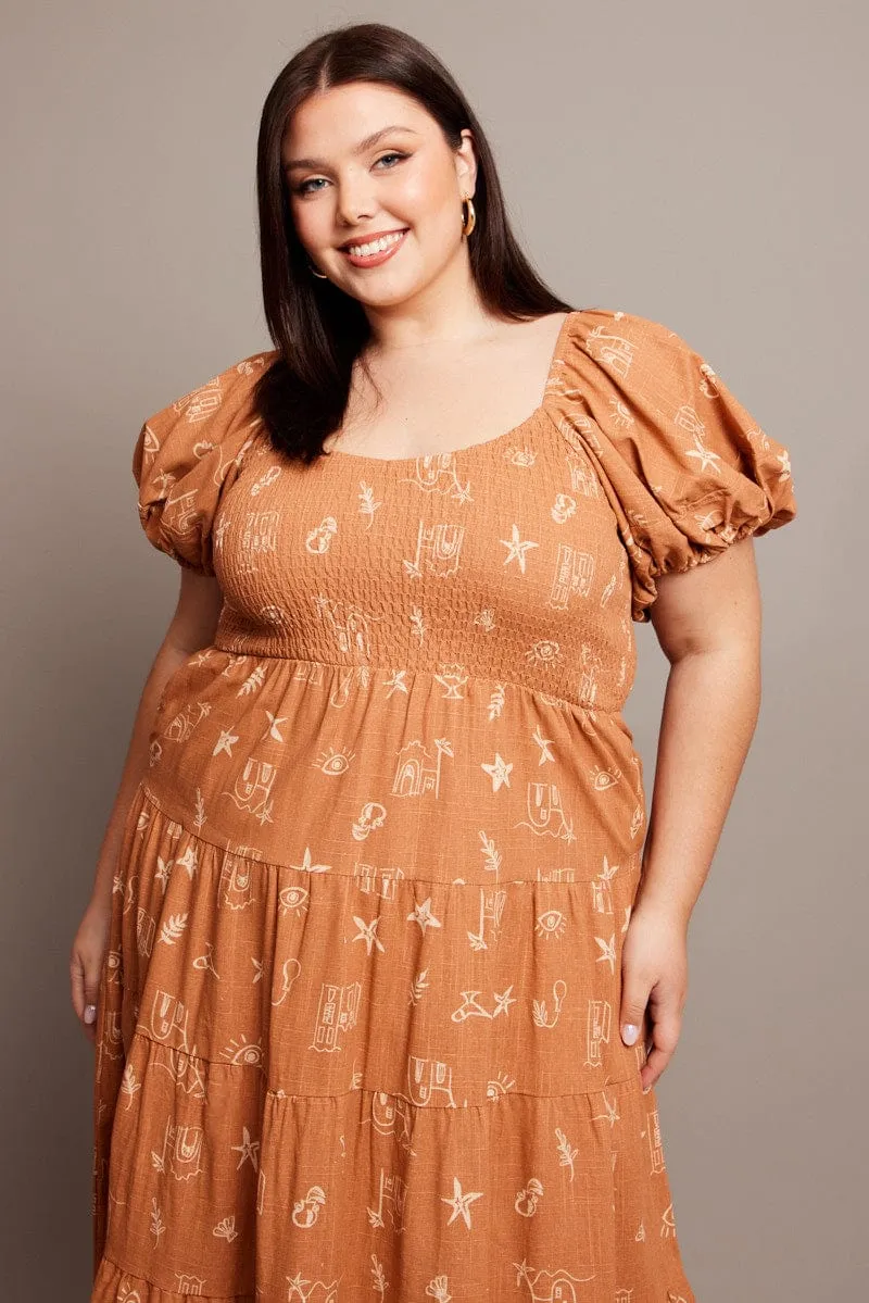 Brown Abstract Midi Dress Short Sleeve Shirred Office To Out