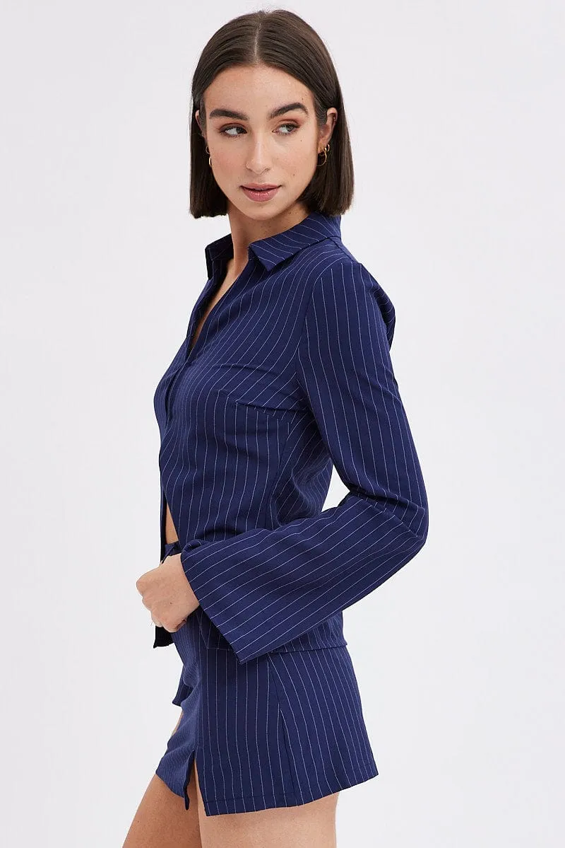 Bold Statement Blue Stripe Mini Skirt High Rise Pencil Side Slit