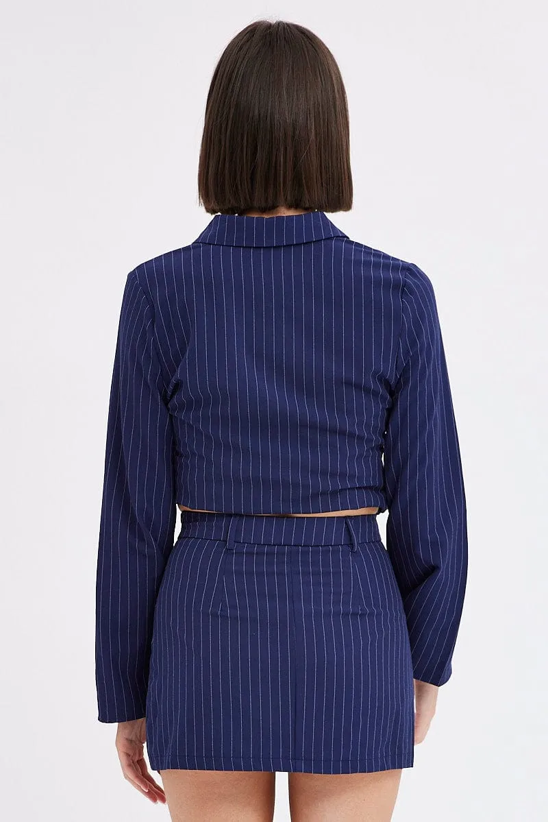 Gather Details Blue Stripe Mini Skirt High Rise Pencil Side Slit