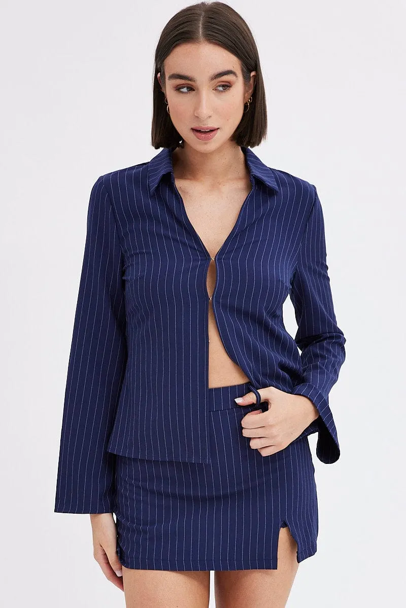 Blue Stripe Mini Skirt High Rise Pencil Side Slit Slip Resistant Waist