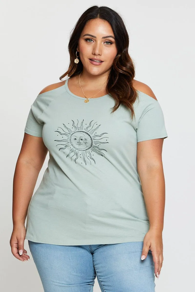 Green Graphic T-shirt Sun Short Sleeve Cold Shoulder Urban Smart Perfect for Any Outfit