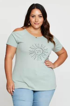 Green Graphic T-shirt Sun Short Sleeve Cold Shoulder Casual and Soft UV Protective Fabric
