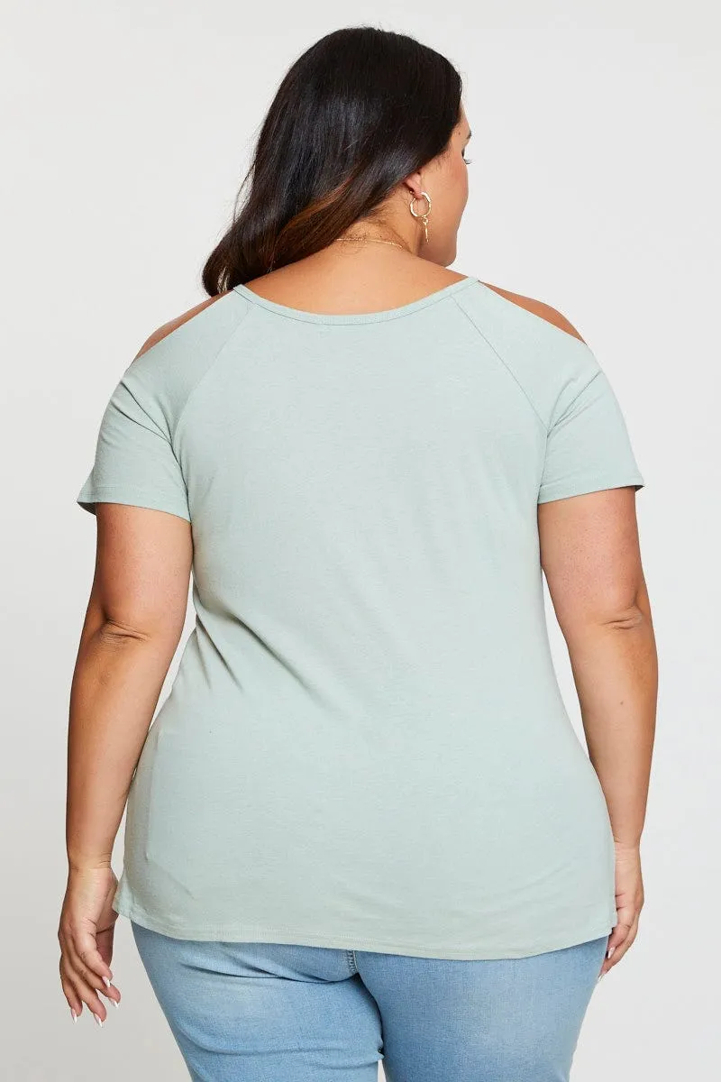 Green Graphic T-shirt Sun Short Sleeve Cold Shoulder Active Wear