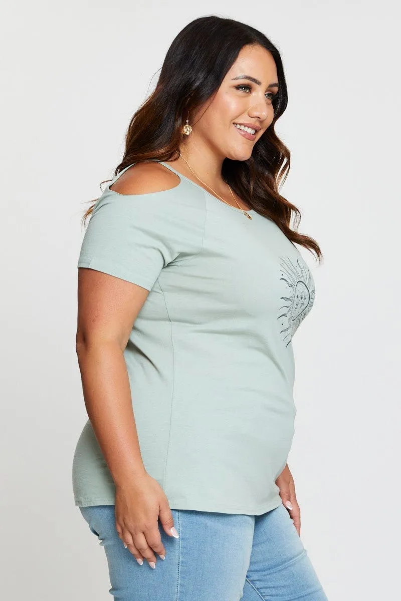 Green Graphic T-shirt Sun Short Sleeve Cold Shoulder Streetwear Style