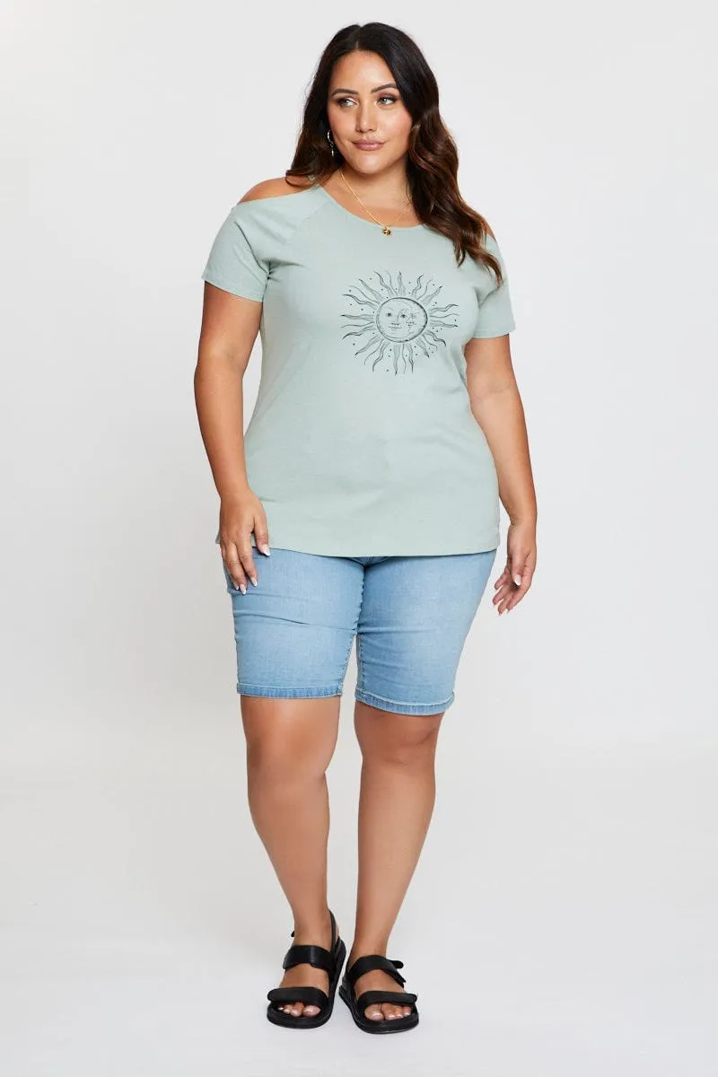 Breathable wear Green Graphic T-shirt Sun Short Sleeve Cold Shoulder
