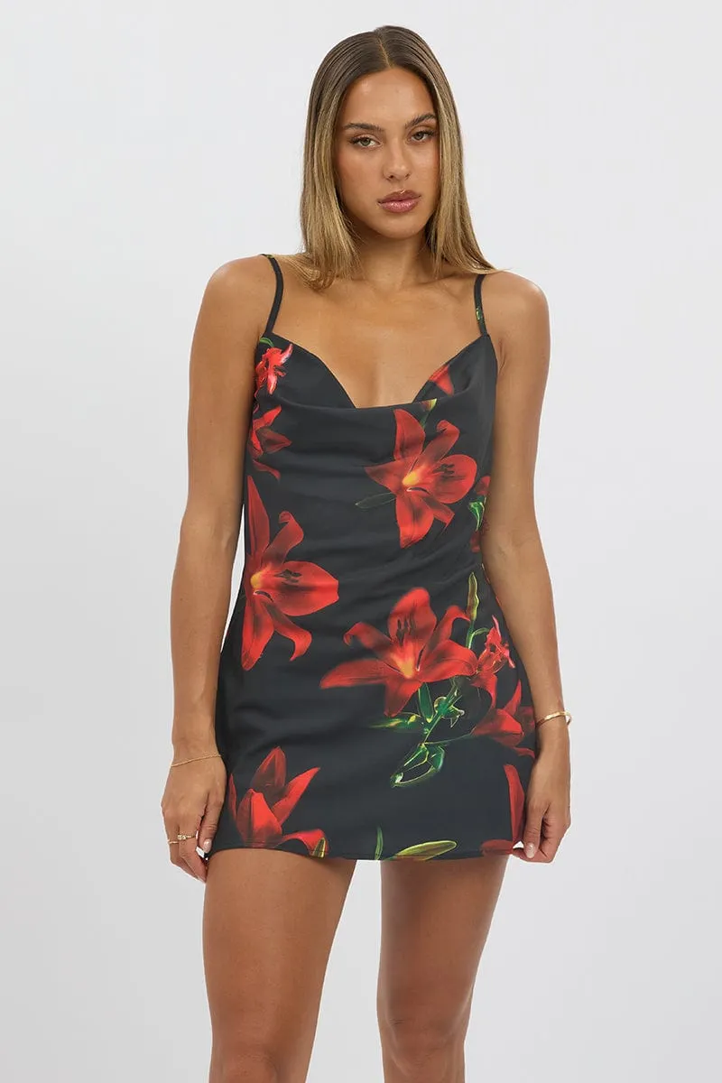 Highlight Zone Charming Fashion Black Floral Mini Dress Cowl Neck