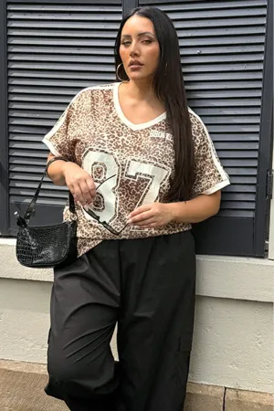 Comfortable Design Brown Animal Print Graphic T Shirt Short Sleeve V  Neck