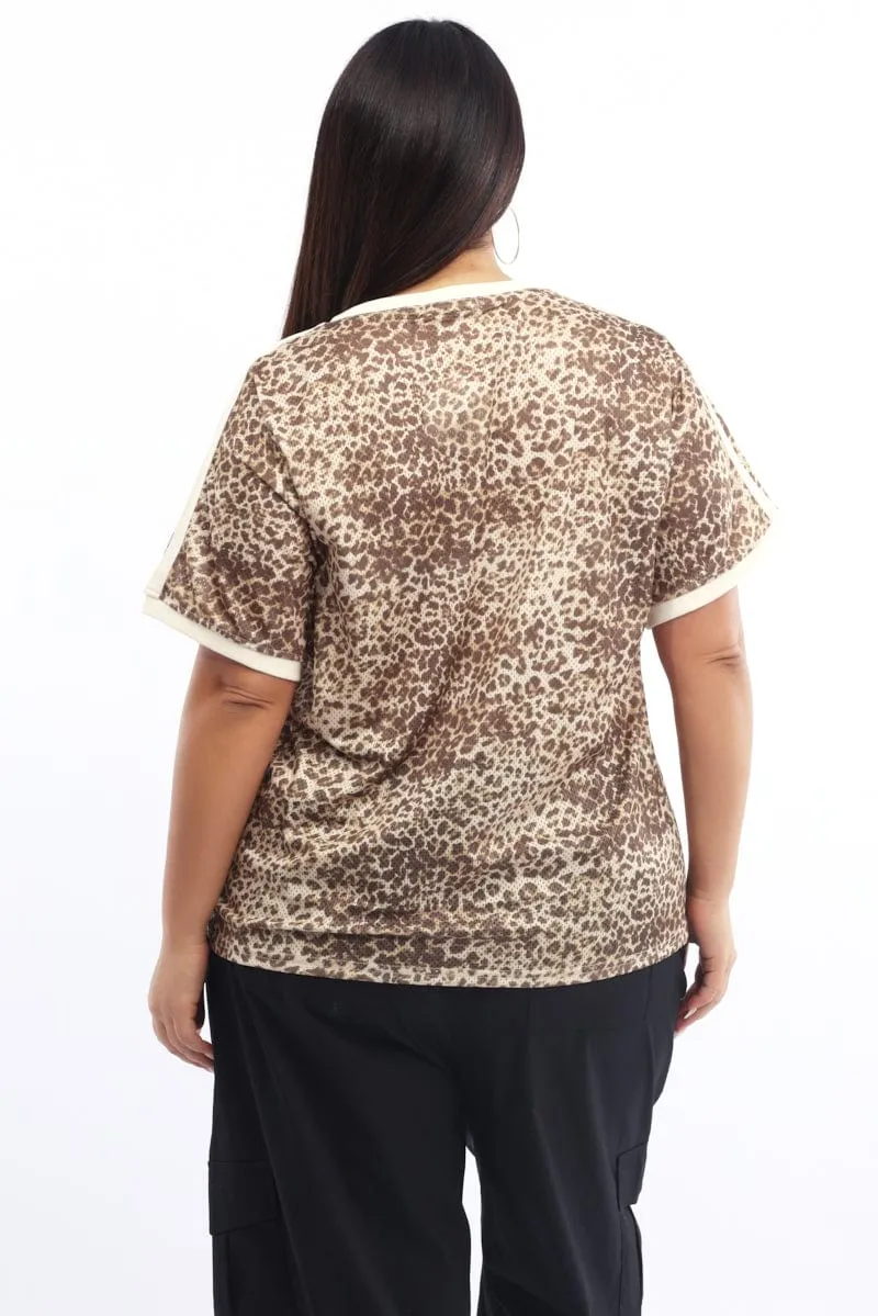 Brown Animal Print Graphic T Shirt Short Sleeve V  Neck Loose fitting comfort short sleeved