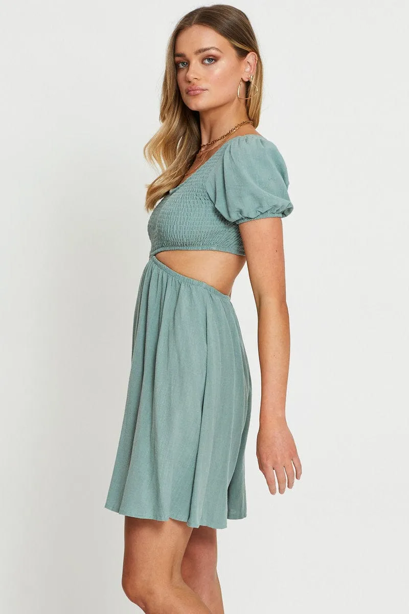 Layer Free Green Mini Dress Short Sleeve