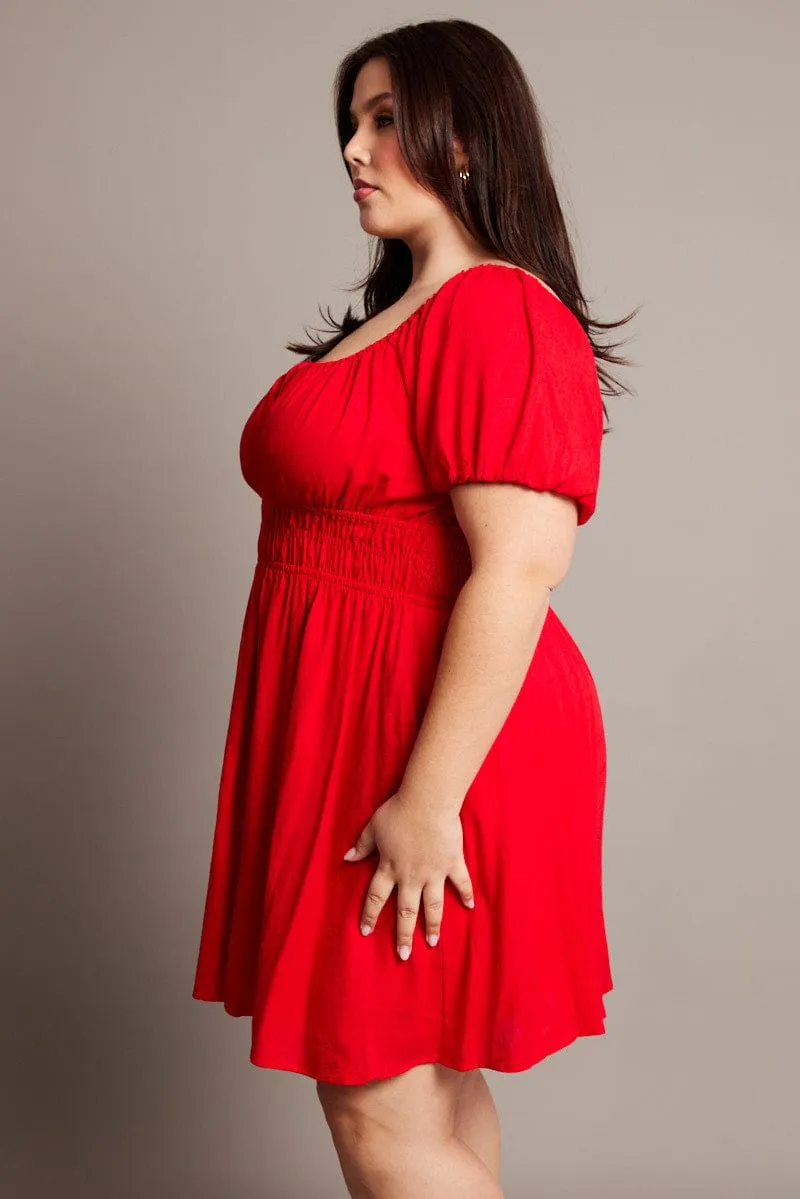 Red Tie Front Scoop Neck Mini Dress Vibrant color Layered Panel Design