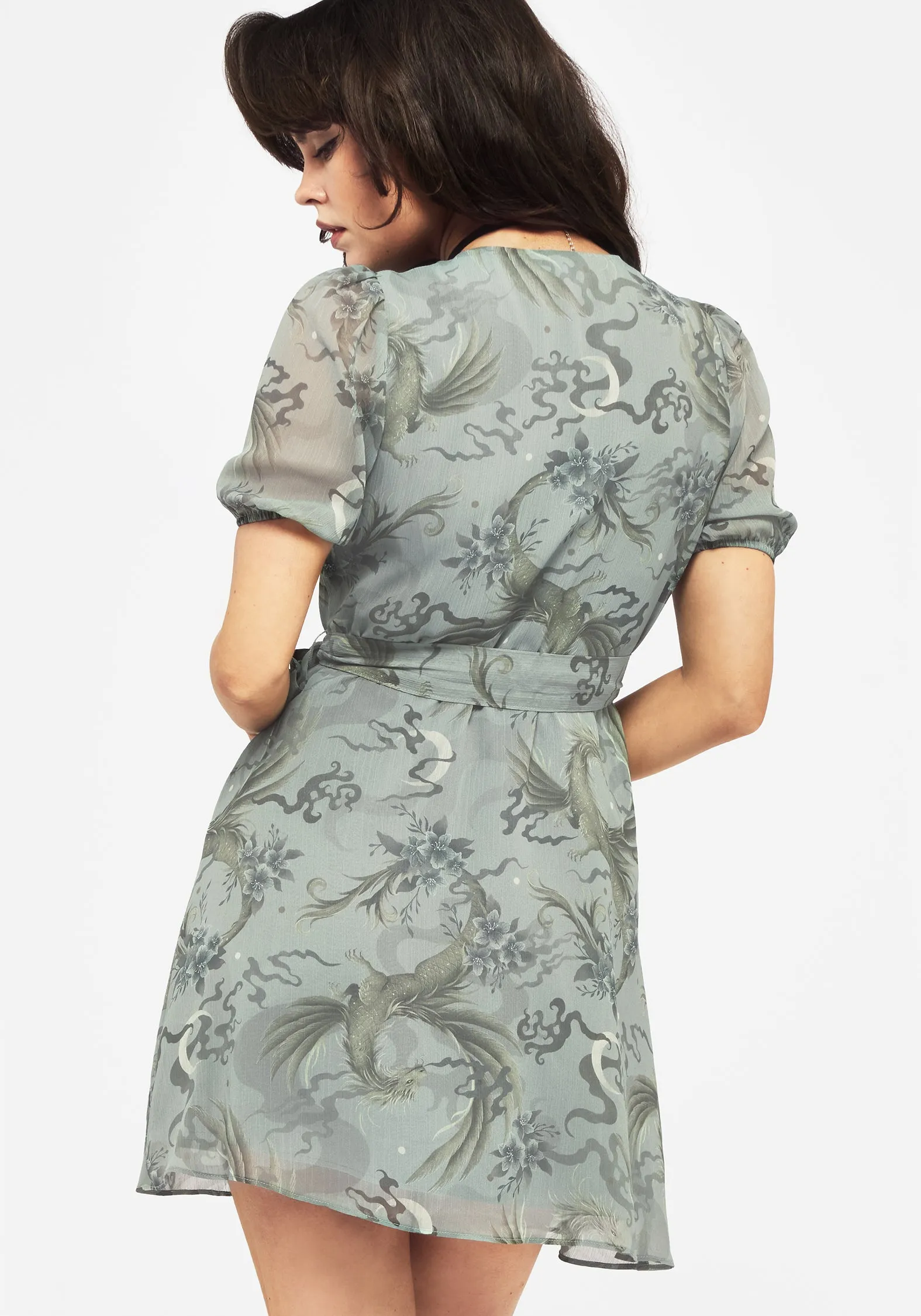 Sapphira Dragon Print Chiffon Mini Wrap Dress Glitter Mode