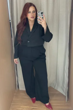 ReflectiveAccentDetails Black High Rise Wide Leg Tailored Pants
