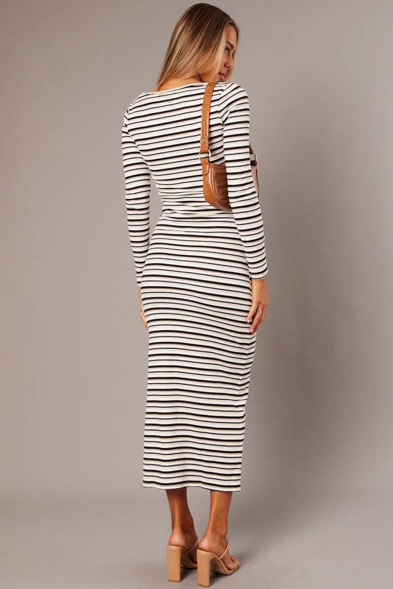 White Stripe Bodycon Dress Long Sleeve Professional Fit