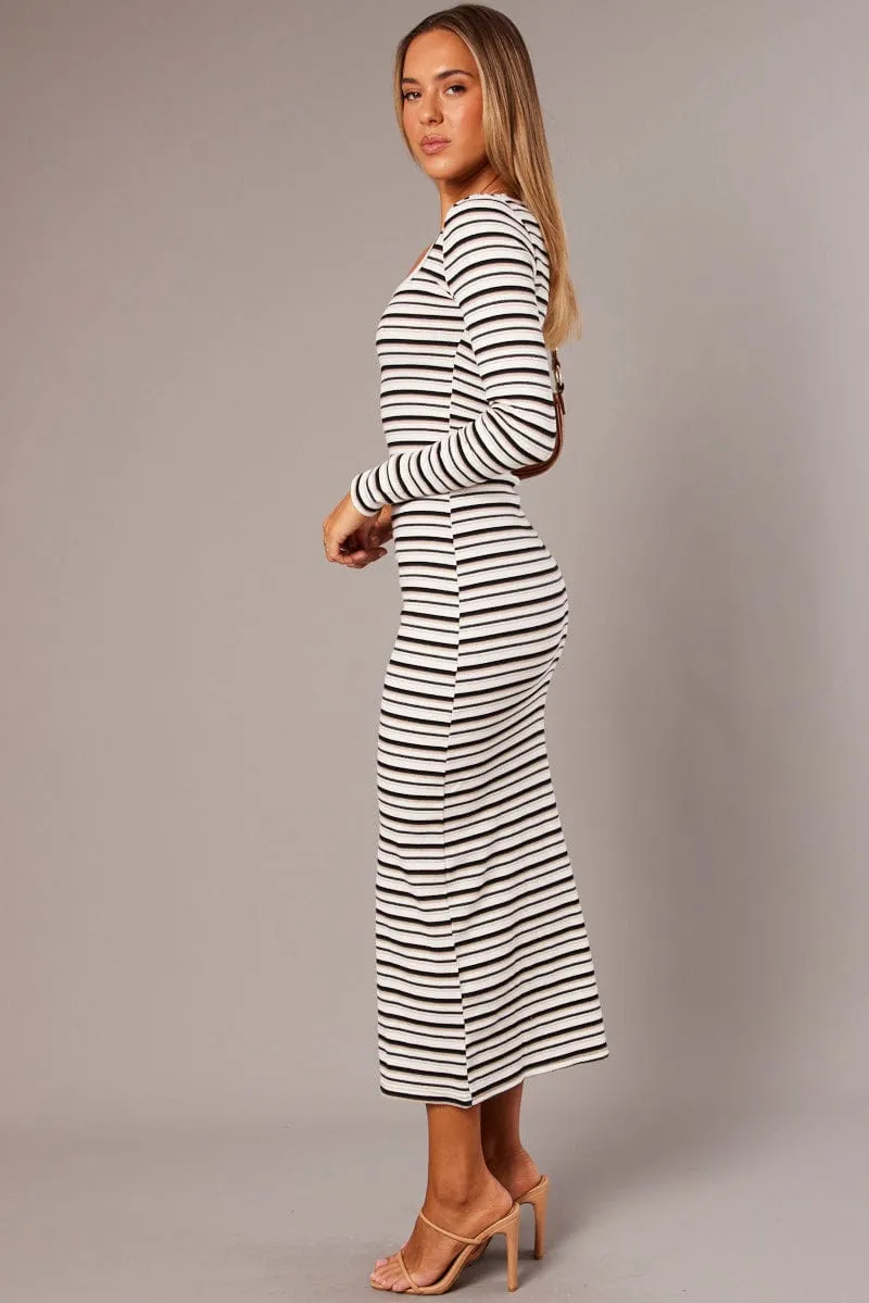 Rustic Ease White Stripe Bodycon Dress Long Sleeve