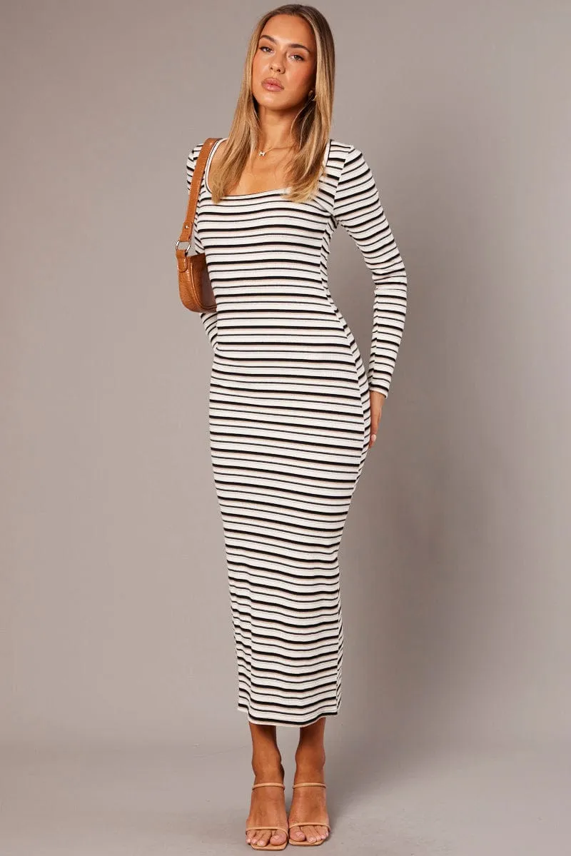 Vital Core White Stripe Bodycon Dress Long Sleeve