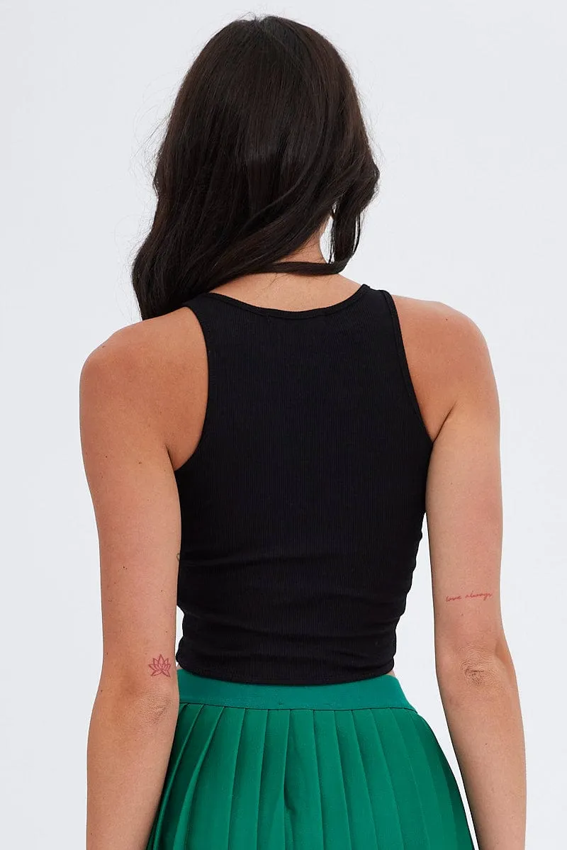 Smooth Line Black Tank Top Round Neck Croset Details