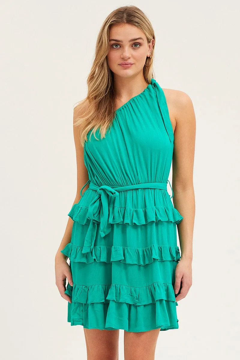 Green Mini Dress One Shoulder Sleeveless Adjustable Waistband